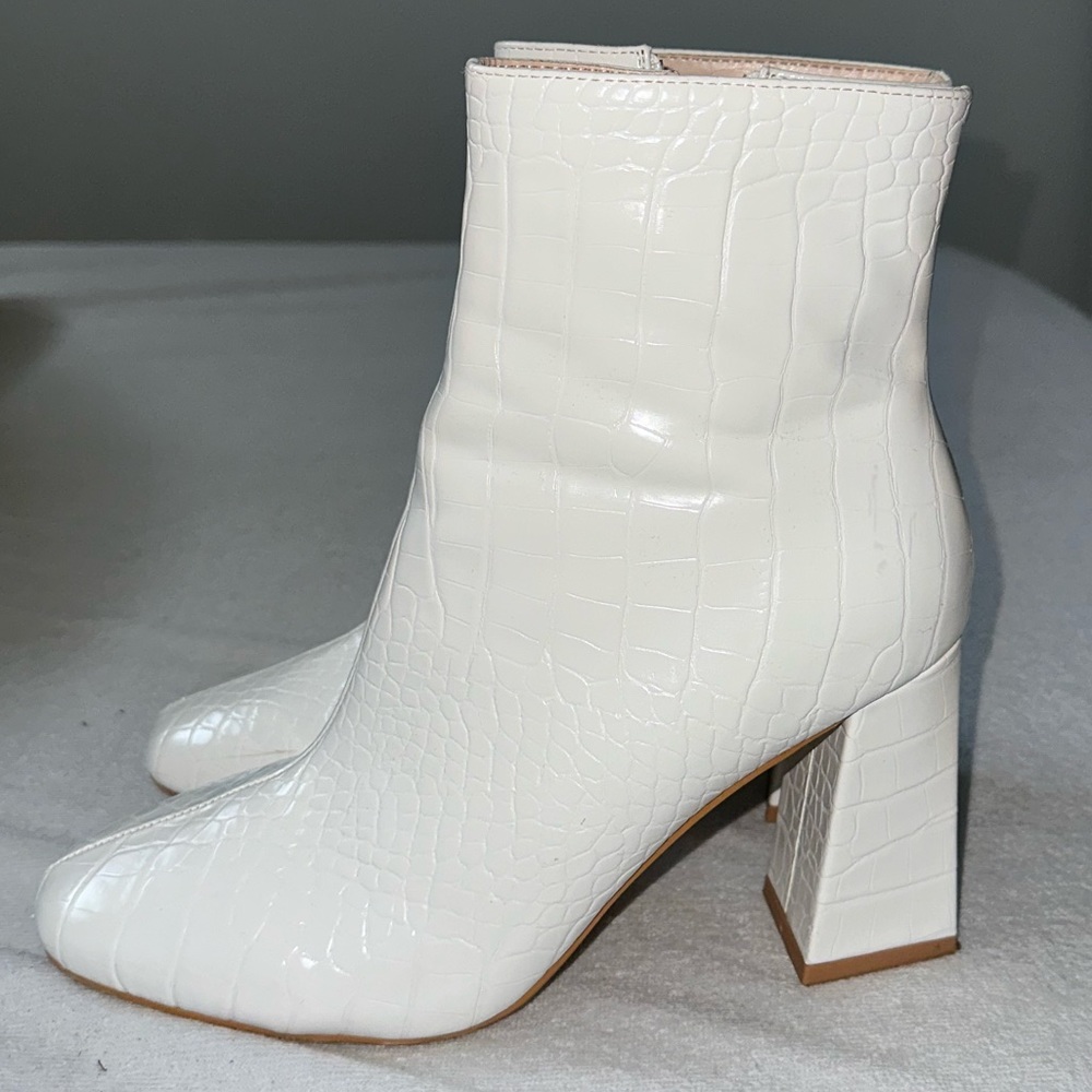 White Faux Snake Print Heeled Booties
